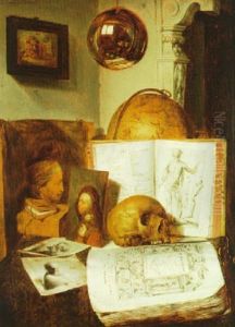 Vanitas Still Life With A Globe, Sketchbooks, A Skull, Two  Painted Portraits And Two Rembrandt Prints... by Harmenszoon van Rijn Rembrandt