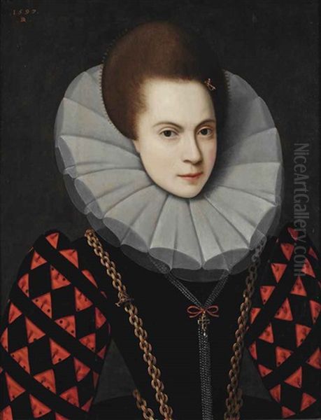 Portrait Of A Lady, Bust-length, In A Black And Red Spanish Dress, And White Ruff, With A Sword-shaped Hairpin And Golden Chain With A Pistol-shaped... - view 1
