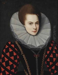 Portrait Of A Lady, Bust-length, In A Black And Red Spanish Dress, And White Ruff, With A Sword-shaped Hairpin And Golden Chain With A Pistol-shaped...