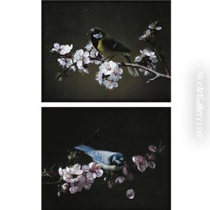 Blue Tit On A Branch Of Plum Tree In Bloom (+ Great Tit On A Branch Of Cherry Tree; Pair) by Pierre Etienne Remillieux