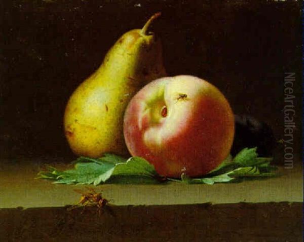 Poire, Peche Et Prune Sur Un Entablement - view 1