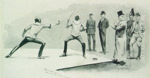 Fencing At Dickel's Academy by Frederic Remington