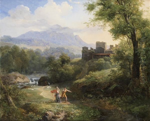 Figures Collecting Water In A Classical Landscape - view 1