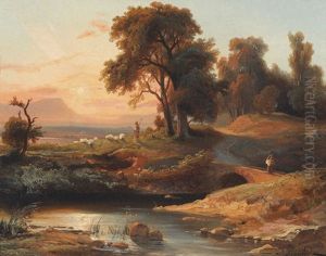 Sudliche Landschaft Mit Staffage Im Abendrot by Jean Charles Joseph Remond