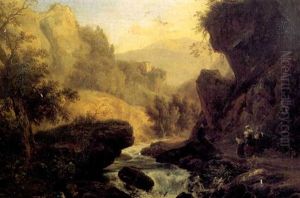 Torrent Dans Un Paysage De Montagne Anime De Paysannes by Jean Charles Joseph Remond