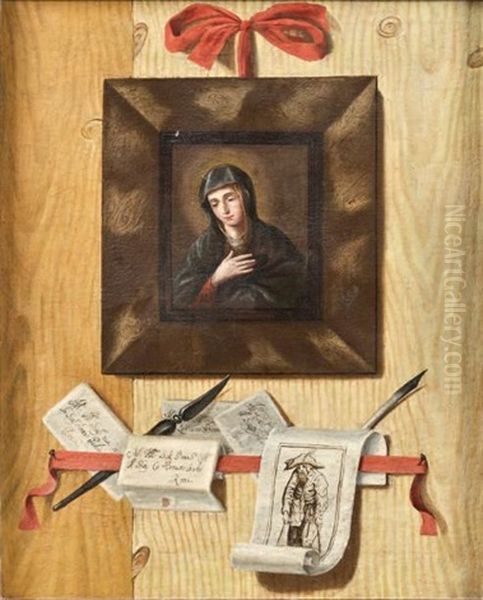 Trompe L'oeil Aux Billets Avec La Figure De La Vierge Et Une Gravure D'apres Jacques Callot - view 1