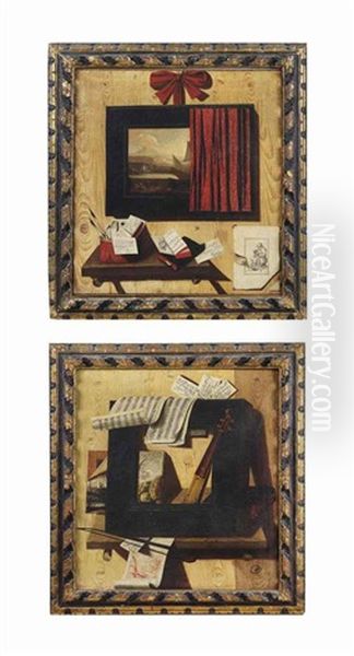 A Trompe L'oeil Of A Picture Frame, A Painting, The Neck Of A Viol... (+ A Trompe L'oeil Of A Painting Partly Covered By A Red Curtain...; Pair) - view 1