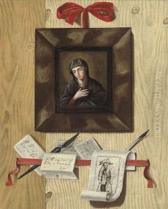 A Trompe L'oeil With A Letter Rack, An Engraving (after Jacques Callot) And A Painting Of The Madonna