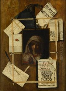 A Trompe L'oeil With Documents, Letter, Book And Painting Of The Madonna (after Giovanni Battista Salvi) by Andrea Domenico Remps
