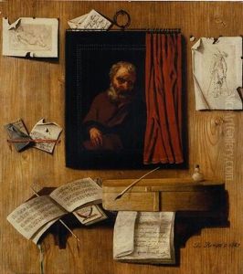 A Trompe-l'oeil With A Partially Covered Painting Of An Apostle, Prints And Letters On A Wall, And Manuscripts, An Inkwell, Quill Pen And Other Objects On A Shelf by Andrea Domenico Remps