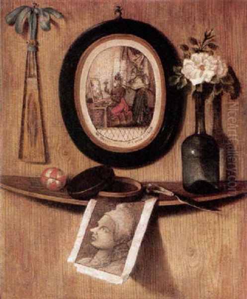 Trompe L'oeil Of Prints, A Fan, A Rose In A Wine Bottle, A Knife, A Pot And A Ball On A Ledge On A Wooden Wall - view 1