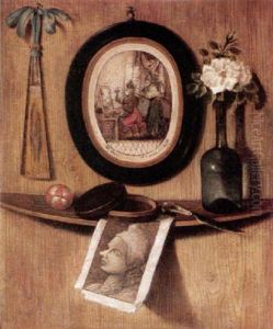 Trompe L'oeil Of Prints, A Fan, A Rose In A Wine Bottle, A Knife, A Pot And A Ball On A Ledge On A Wooden Wall