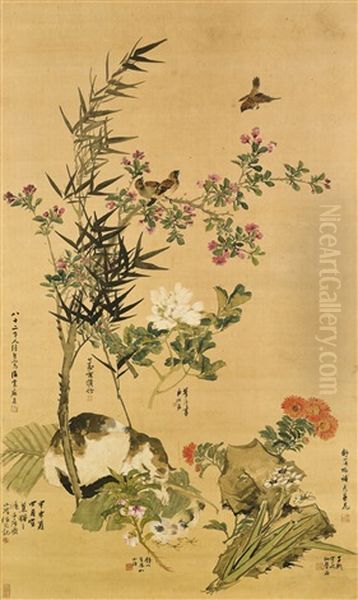Plantain, Cat, Flowers And Birds - view 1