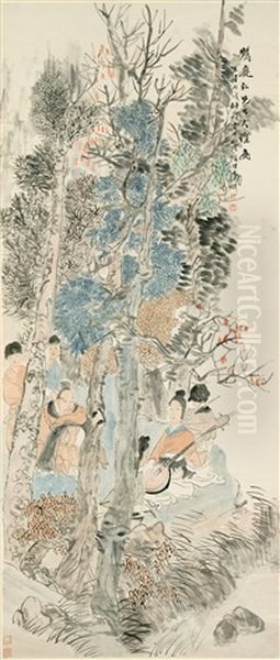 A Family Seated On A Riverbank With Musicians - view 1