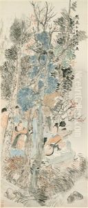 A Family Seated On A Riverbank With Musicians by Ren Bonian