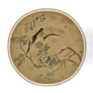 Fan Painting (birds And Branches) by Ren Bonian