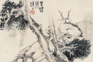 Deers By A Tree by Ren Bonian