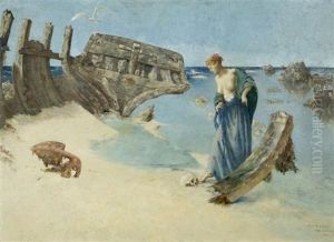 Jeune Fille Contemplant Un Crane Pres D'un Bateau Naufrage Au Bord De La Mer - Ile De Brehat by Cornelius Ary Renan