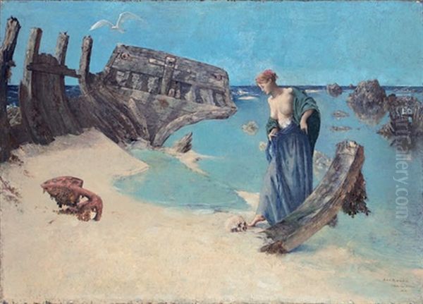 Jeune Fille Contemplant Un Crane Pres D'un Bateau Naufrage Au Bord De La Mer - Ile De Brehal - view 1