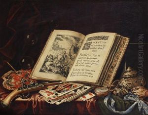 A Still Life Of An Open Book, Bubbles, Coral, A Flintlock Pistol, Playing Cards, A Pocket Watch On A Blue Silk Ribbon And A Variety Of Shells On A Table Draped With A Red And A Green Cloth by Simon Renard De Saint-Andre
