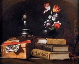 Nature Morte A La Chandelle, Ouvrage Et Vase De Fleurs Sur Un Entablement De Pierre