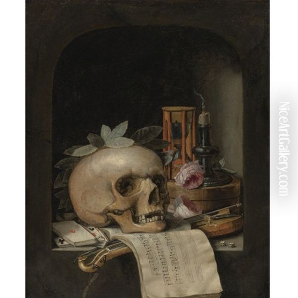 Vanitas Still Life With A Wreathed Skull, A Pochette Violin And Bow, A Deck Of Cards, A Musical Score, A Pair Of Dice, A Box Inscribed Poudre De Civet, Two Roses, An Hourglass And A Snuffed-out Candle In A Stone Niche - view 1