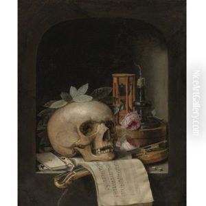 Vanitas Still Life With A Wreathed Skull, A Pochette Violin And Bow, A Deck Of Cards, A Musical Score, A Pair Of Dice, A Box Inscribed Poudre De Civet, Two Roses, An Hourglass And A Snuffed-out Candle In A Stone Niche by Simon Renard De Saint-Andre