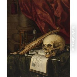 A Vanitas Still Life With A Skull, A Violin, A Musical Score, A Pipe And Tobacco, An Hourglass And A Candle On A Draped Table by Simon Renard De Saint-Andre