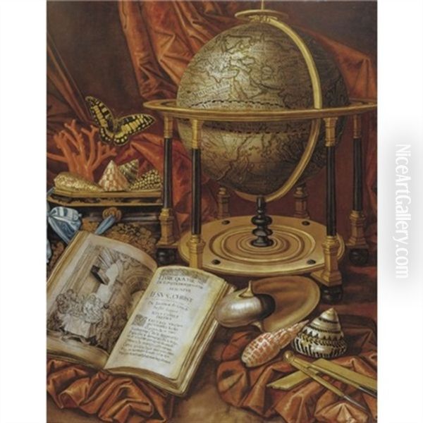 Still Life With A Globe, Books, Shells And Corals Resting On A Stone Ledge - view 1