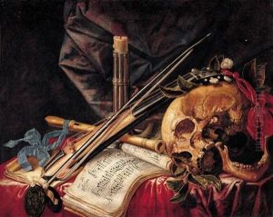 A Vanitas Still Life With A Viol, A Clarinet, A Skull, Sheet Music And A Candle by Simon Renard De Saint-Andre