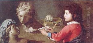 A Young Boy Sketching Classical Busts by Simon Renard De Saint-Andre