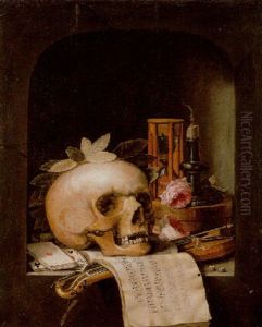 A Vanitas Still Life With A Wreathed Skull, A Pochette Violin, A Bow, A Deck Of Cards With Other Objects In A Niche