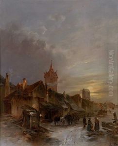 Mittelalterliches Stadtchen Bei Abendlicher Beleuchtung An Einem Wintertag