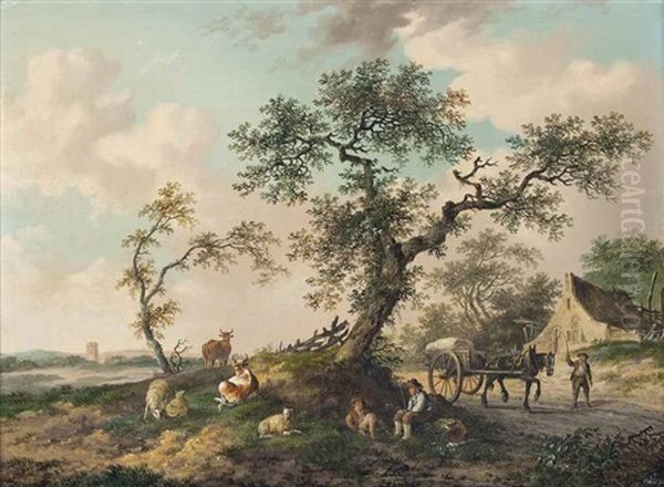 A Wooded Landscape With Drovers And Their Herds Of Cows And Sheep, A Horse-drawn Cart Before A Cottage, A Town Beyond - view 1