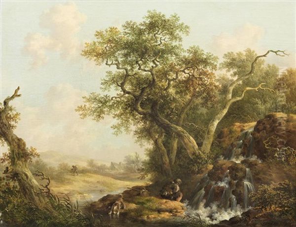 A Traveller And His Dog Resting Beside A Waterfall - view 1