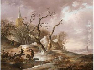 Figures Collecting Firewood And Preparing To Ice Skate In A Winter Landscape