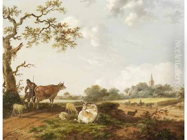 A Drover Resting With His Flock On A Country Path - view 1
