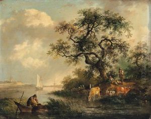 A River Landscape With A Fisherman, Drovers And Their Herd, A Town And A Church Beyond by Fredericus Theodorus Renard