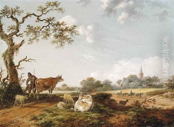 A Wooded Landscape With A Drover And His Herd Of Cows And Sheep, A Horse-drawn Cart Before A Wheatfield, A Town And A Church Beyond - view 1