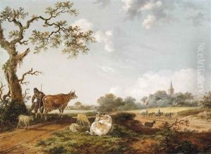 A Wooded Landscape With A Drover And His Herd Of Cows And Sheep, A Horse-drawn Cart Before A Wheatfield, A Town And A Church Beyond