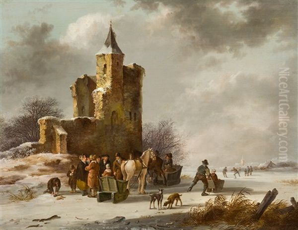 Winterlandschaft Mit Schlittschuhlaufern Vor Einer Ruine - view 1