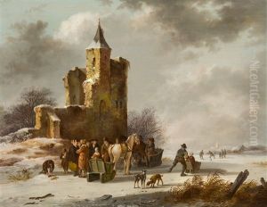 Winterlandschaft Mit Schlittschuhlaufern Vor Einer Ruine by Fredericus Theodorus Renard
