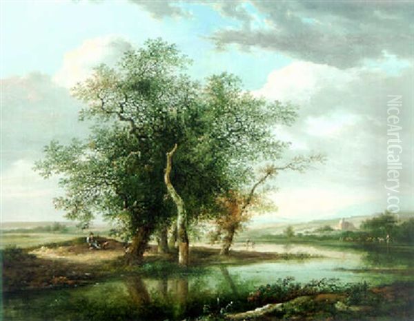 A River Landscape With A Traveller Resting By Trees, Anglers And A Shepherd Beyond - view 1