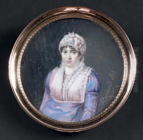 Portrait En Buste D'une Jeune Femme Portant Une Robe De Soie Violine A Plastron Et Col De Dentelle, Comme Sa Coiffure Ornee De Rubans De Satin Rose - view 1
