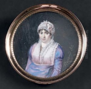 Portrait En Buste D'une Jeune Femme Portant Une Robe De Soie Violine A Plastron Et Col De Dentelle, Comme Sa Coiffure Ornee De Rubans De Satin Rose