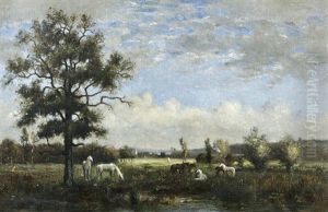 Chenes Vernicules Avec Des Chevaux Paturant by Charles Edmond Renault