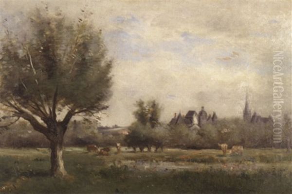 Landschaft Mit Weidenden Kuhen Und Dorfsilhouette - view 1