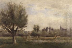 Landschaft Mit Weidenden Kuhen Und Dorfsilhouette by Charles Edmond Renault