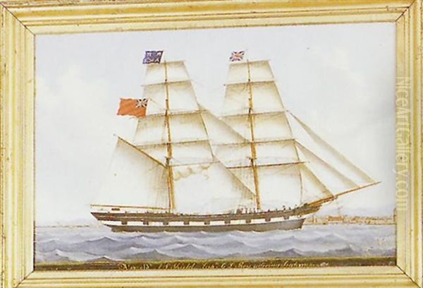 Ship Portrait Of A 2-masted Ship In Full Sail, Flying The British Flag, Entering A Harbor - view 1