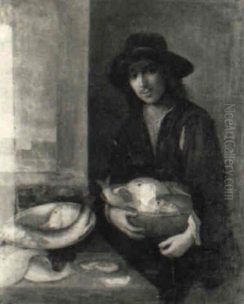 Young Man Holding A Basket Of Fish Beside A Still Life Of Fish And Peppers - view 1